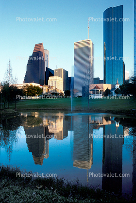 downtown, skyscraper, building, skyline, Cityscape, Lake, reflection, Houston, 1 January 1994