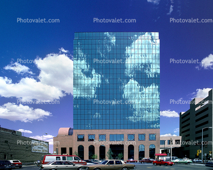 Glass Reflection Highrise, Building, window, clouds, Cars, El Paso, 9 May 1994