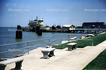 Car Ferry Boat, bench, berm, seawall, dock, Galveston, 1955, 1950s