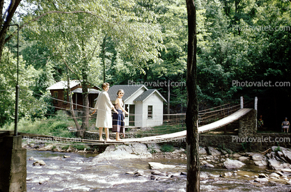 footbridge, river, woman, women, forest, woods, Mrs J.M. Lee