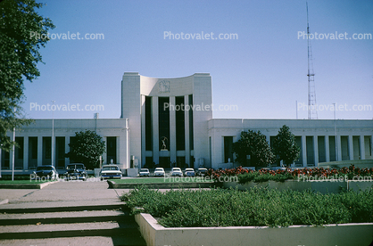 The Hall of State, Fair Park, steps, stairs, garden, cars, art-deco, Texas Centennial Exposition Buildings, January 1965, 1960s