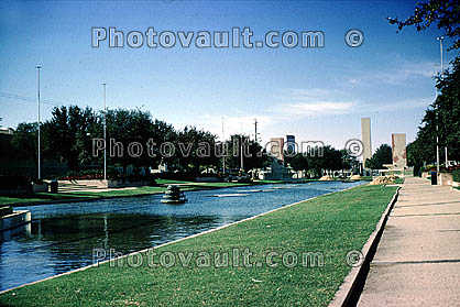 water, fountain, grass, pond, lake, buildings, Fair Park, December 1964, Aquatics