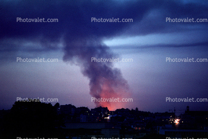 Glowing Fire, smoke and fire from the Marina fire, Loma Prieta Earthquake (1989), 1980s