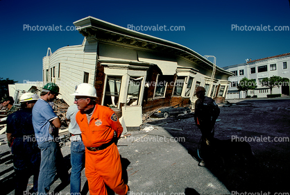 Rescuers, Crushed Car, Collapsed House, Marina district, Loma Prieta Earthquake (1989), 1980s
