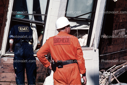 Rescuers, Collapsed Home, Marina district, Loma Prieta Earthquake (1989), 1980s