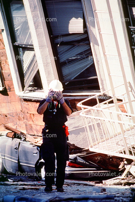 Rescuer, Collapsed Home, Crushed Car, Marina district, Loma Prieta Earthquake (1989), 1980s