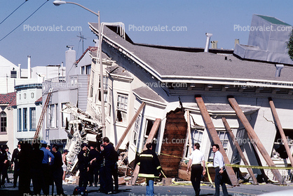Collapsed Home, Rescuers, Marina district, Loma Prieta Earthquake, (1989), 1980s