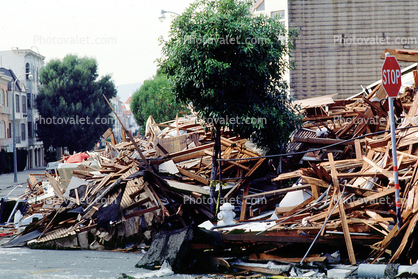 Rubble, Stop Sign, Fillmore Street, Marina district, Loma Prieta Earthquake (1989), detritus, 1980s