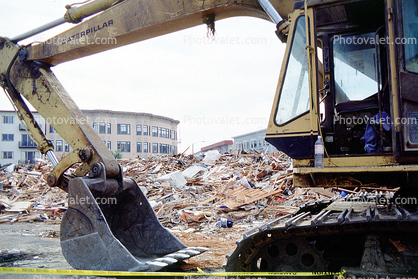 Track Excavator, Rubble, Fillmore Street, Marina district, Loma Prieta Earthquake (1989), detritus, 1980s