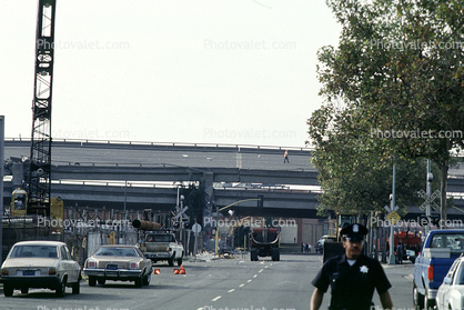 Cars, Policeman, Crane, Cypress Freeway collapse, Loma Prieta Earthquake (1989), 1980s