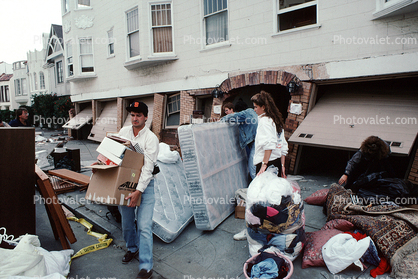 Destroyed Buildings, Clearing Debris, Marina district, mattress, boxes, Loma Prieta Earthquake (1989), 1980s