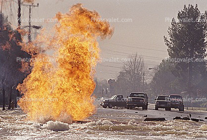 Gas Main Break, Fire, Flames, Water overflow, flooding, Northridge Earthquake Jan 1994