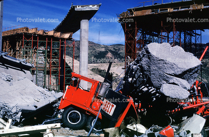 Crushed Crane, boulders, Freeway Construction Damage, Interstate Highway I-5