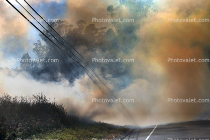 Hills, Smoke, PCH, overhead power cables, line
