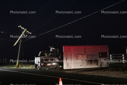 Broken Power Pole, Wires, Pickup Truck, trailer, Sonoma County