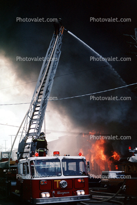 Aerial Ladder, Flames, Thick Black Smoke, Seagrave, Mission District