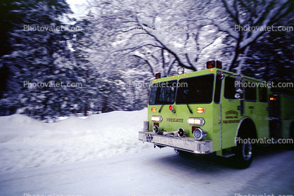 Fire Engine, snow, ice, cold, trees, forest, woodland, road