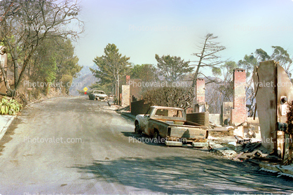 Burned out Houses, Charred Pickup Truck, Homes, Malibu Fire, California