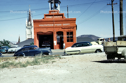 parked cars, vehicles, Storey County Volunteer Fire Dept, Firehouse, Garage, building, 1864 Building, 1950s