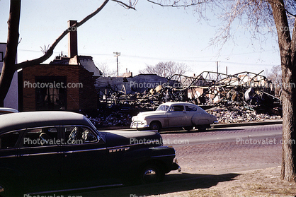 Burned out Building, Cars, 1950s