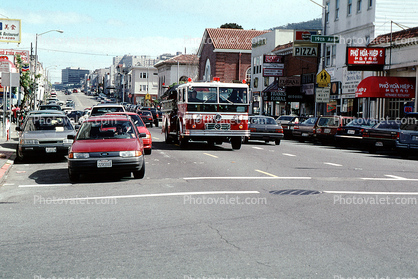 flashing lights, Fire Engine, cars, shops, stores, buildings