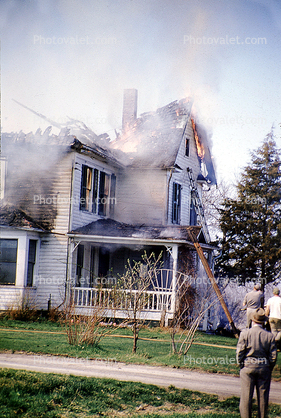 House on Fire, Burning Home, Residential, Building, 1950s