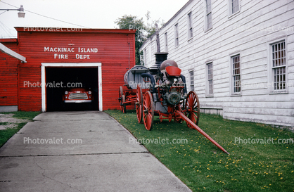 Mackinac Island Fire Dept, steam pumper, garage, building, 1950s