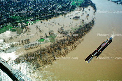 Pusher Tugboat, Barges, Flooded Homes, Houses, Louisville, Kentucky