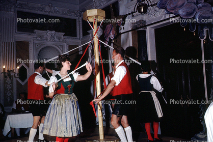 May Pole, Tyrolean Folk Songs, Men, Women, Lederhosen, skirts, stockings, Inssbruck, Austria, August 1963, 1960s