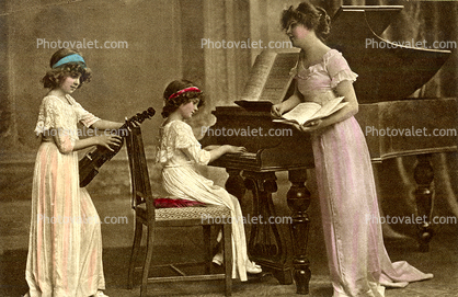 Woman Singing, Grand Piano, Girls, Violin, formal dress, hairbands, RPPC, 1910's