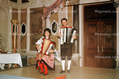 Accordion, Man, Woman, Lederhosen, stage, performance, Tyrolean Band, Tyrol, Austria, 1950s