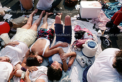 resting, napping, Audience, People, Crowds, JFK Stadium, Live Aid Benefit Concert, 1985, Philadelphia, Spectators