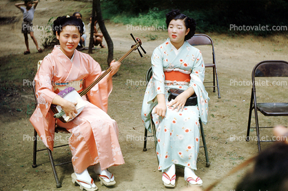 Shamisen, Woman, Kimono, sangen, string instrument, Koto, May 1951, 1950s