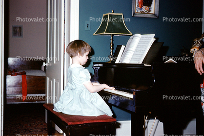 Grand Piano, girl, keys, keyboard, sheet music, 1950s