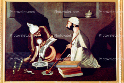 Original Art of Opium Smoker, Pipe, Books, Candle, Reading, Men, Beards