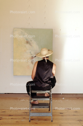 Woman Sitting, hat, artwork