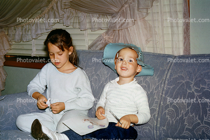 Kids Drawing, Girls, Smiles, 1960s