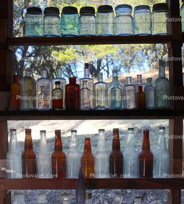 Glass Bottles, jars, shelves, Petaluma