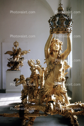 Ornate sled, woman masthead, crown, female, gilded gold, opulant