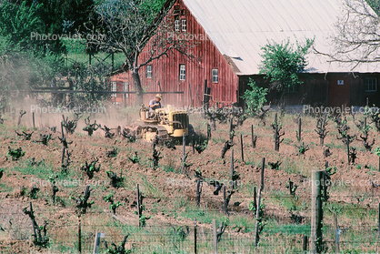 Tractor, Rows, fields, barn