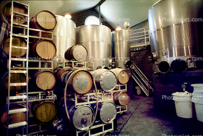Oak Wine Barrels, Oak Aging barrels, Wood, Wooden Barrels, Fermenting Tanks, Metal, Aluminum Barrels, ladder