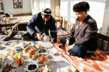 Men, eating, food, watermelon, sitting, Samarkand
