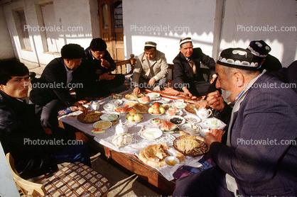 Men, eating, food, sitting, Samarkand