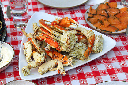 Cracked Dungeness Crab, plate, table, meal, dinner