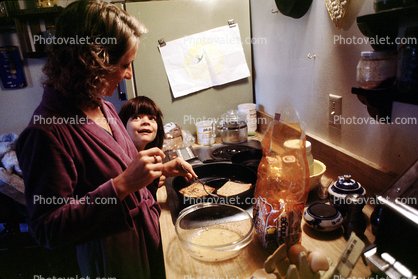 Girl, Mother, Kitchen, Cooking, Stove
