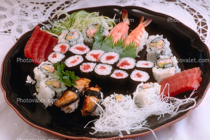 Sushi, Sashimi, Plate, Setting, Ebi, California Roll, Unagi, Hikama