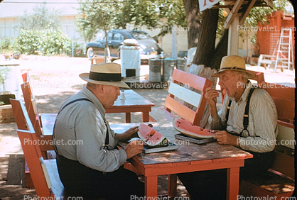 Men, Male, Watermelons, Table, Outdoors, Outside, hats, suspenders, 1940s