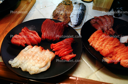 sushi, sashimi, plates, platters, raw, seafood
