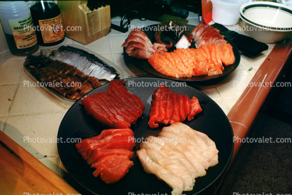 sushi, sashimi, plates, platters, raw