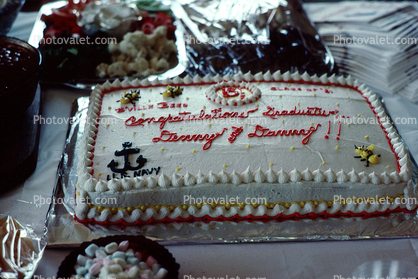 Graduation Cake, Denny and Danny, frosting, US Navy, Anchor, SeaBee's, 1960s